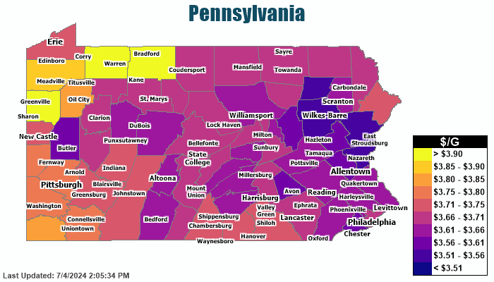 Gas Price Heat Map - Pennsylvania Gas Prices
